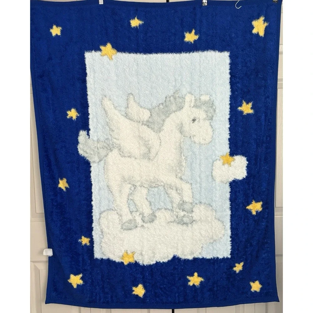 Vintage Baby Mink Blanket Pegasus Deep Royal Blue Stars‎ Clouds Dreams 43